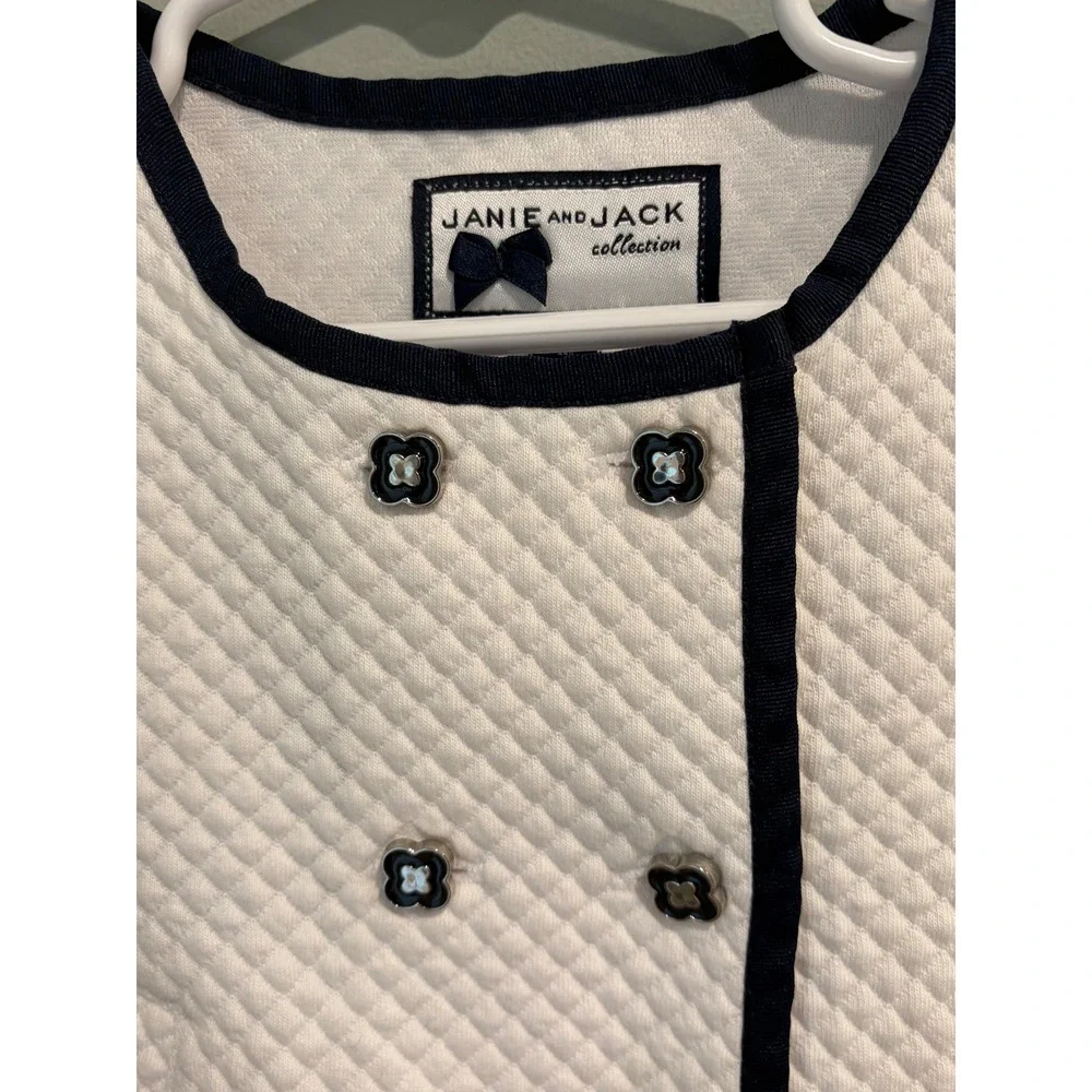 Janie and Jack Girls 2T Quilted Cropped‎ Jacket Cream Navy Blue Double Breasted